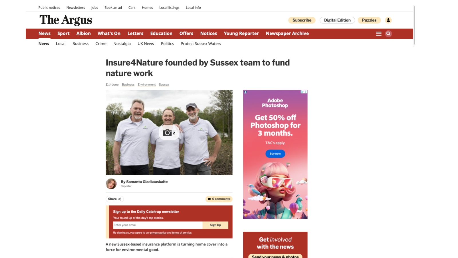 The Argus coverage of Insure4Nature, featuring its three co-founders